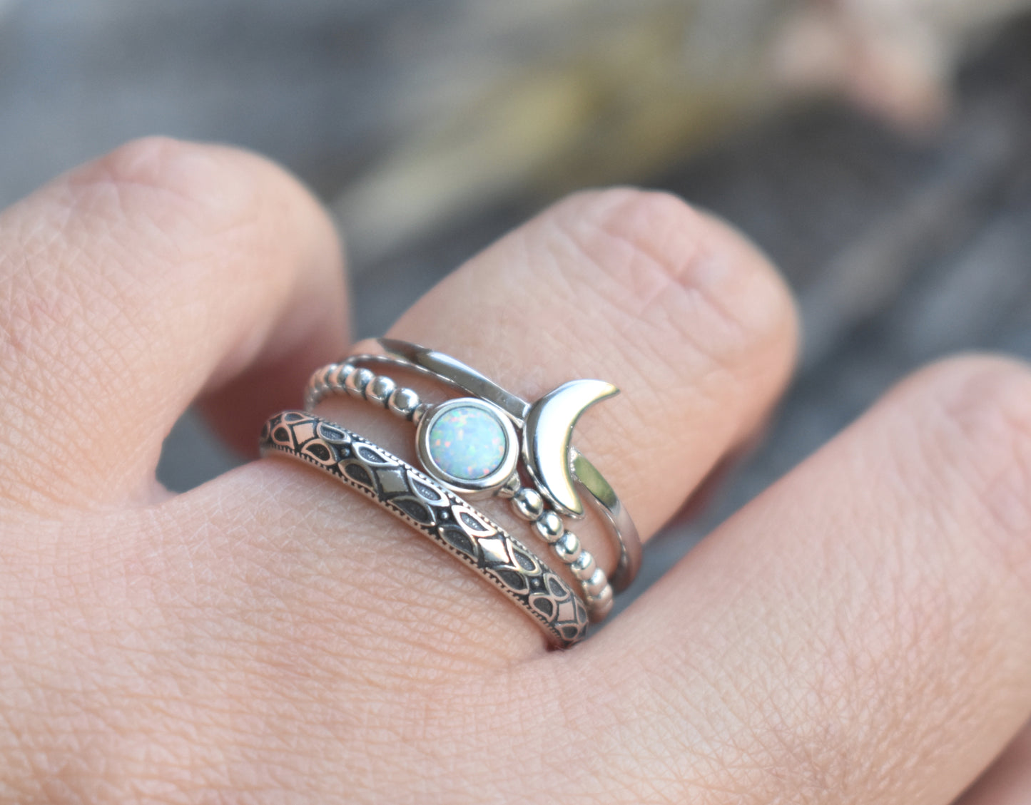 Moon & Opal Stack Rings-Sterling Silver