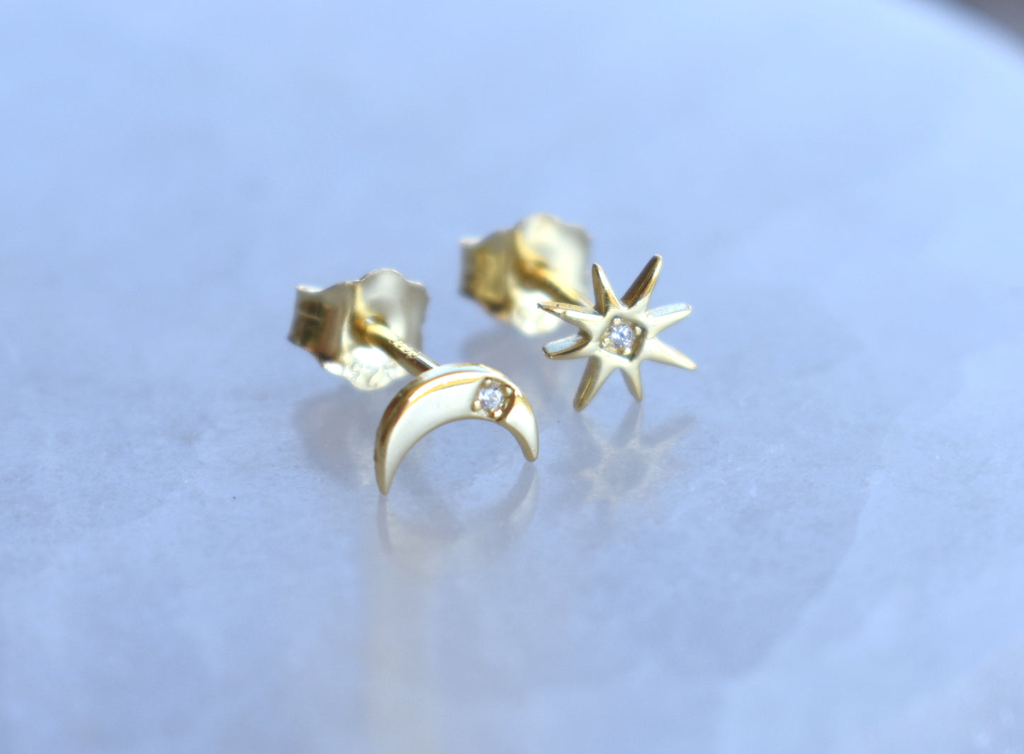 Gold Moon & Star Stud Earrings-18k