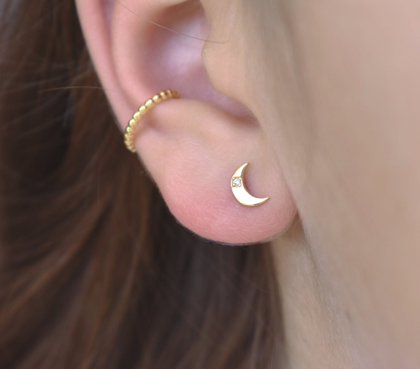 Gold Moon & Star Stud Earrings-18k