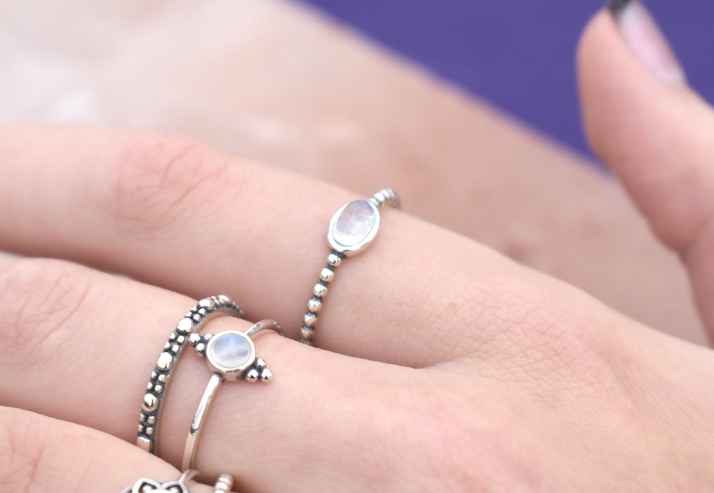 Rainbow Moonstone Ring-Beaded 925 Sterling Silver