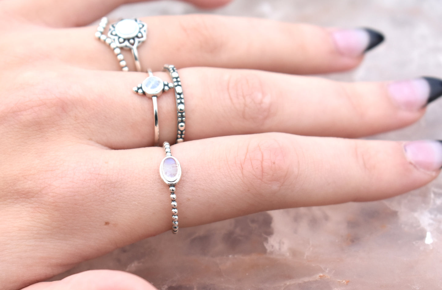 Rainbow Moonstone Ring-Beaded 925 Sterling Silver