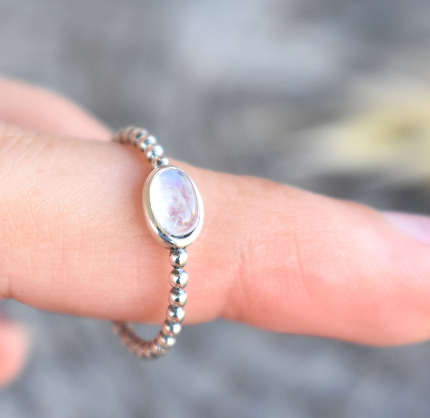 Rainbow Moonstone Ring-Beaded 925 Sterling Silver