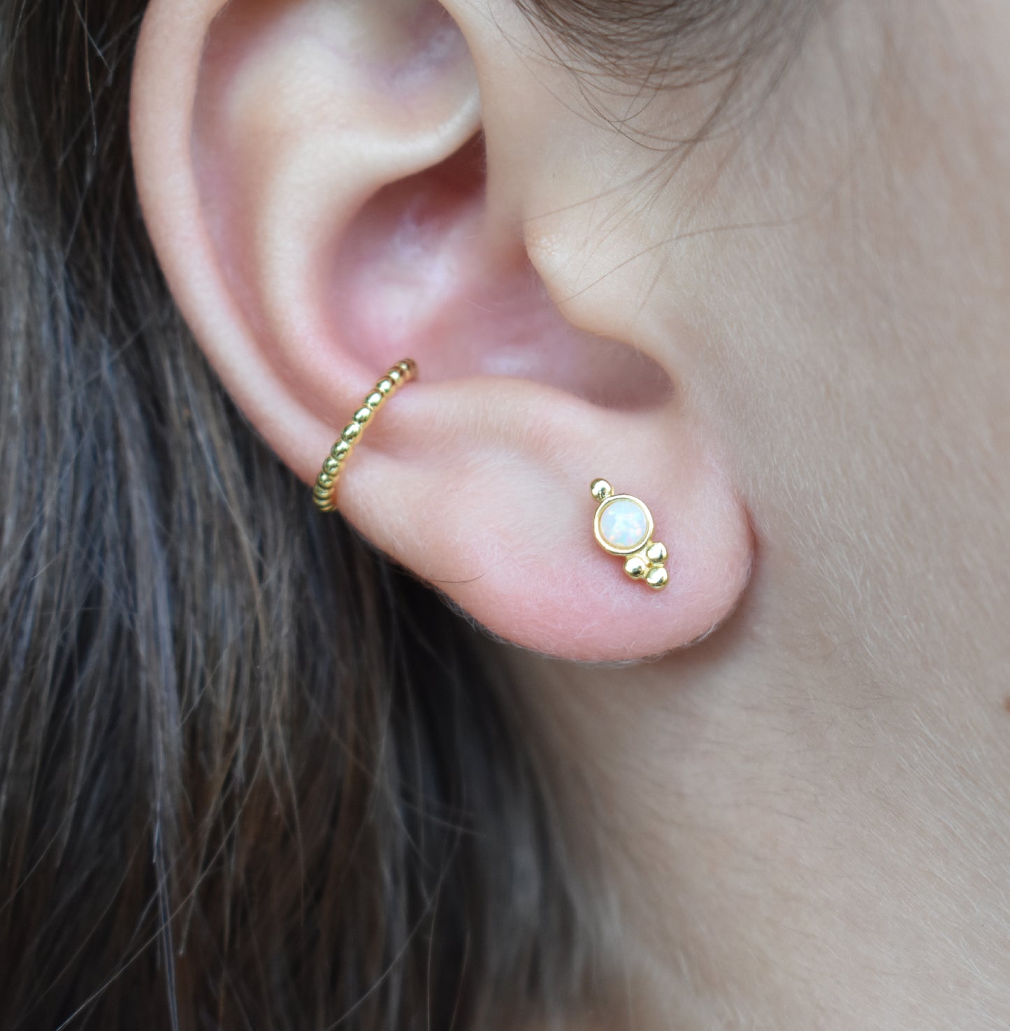 Gold Fire Opal Dotted Stud Earrings-18k