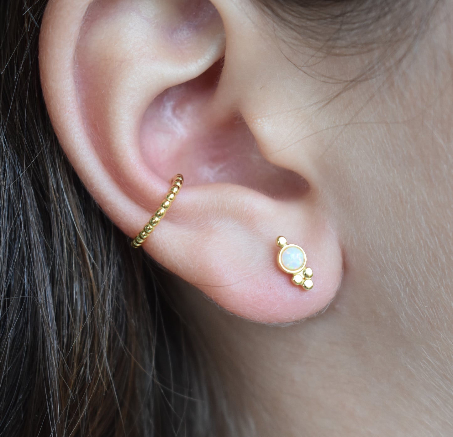 Gold Fire Opal Dotted Stud Earrings-18k