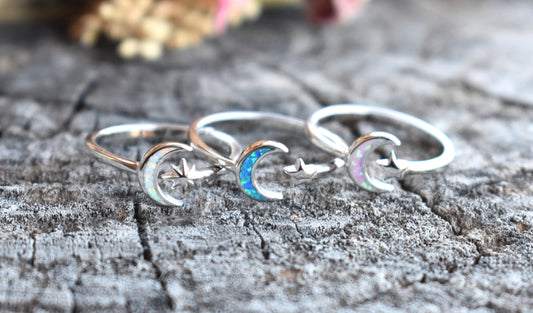 Opal Moon & Star Celestial Ring-Sterling Silver