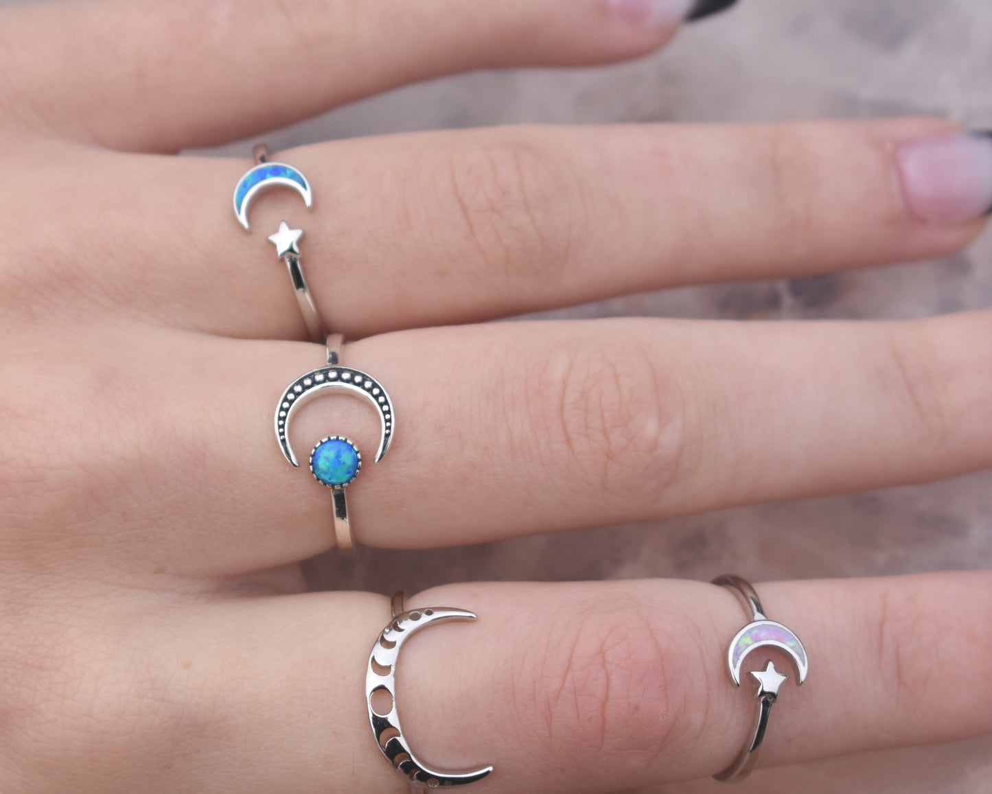 Opal Moon & Star Celestial Ring-Sterling Silver