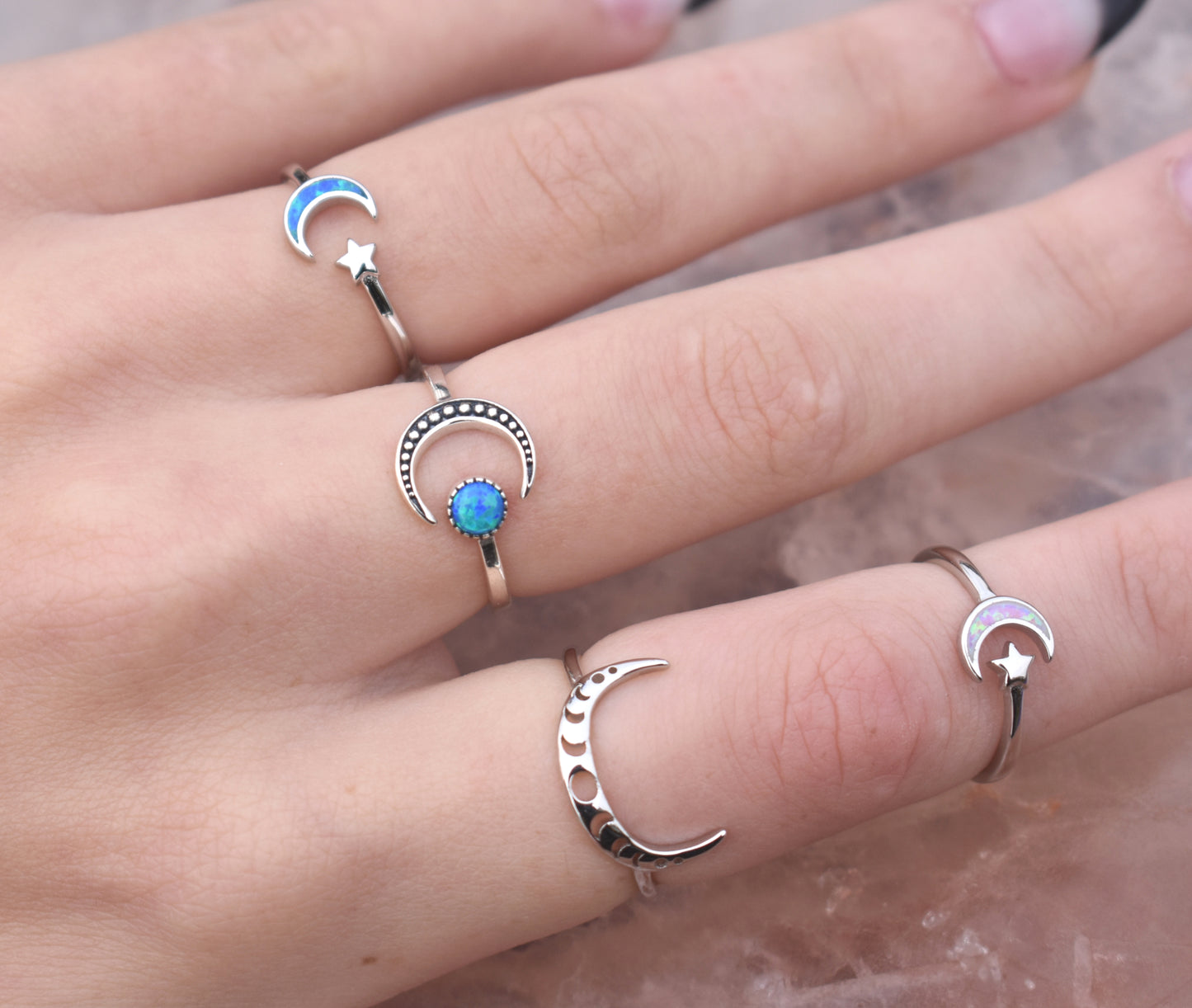 Opal Moon & Star Celestial Ring-Sterling Silver