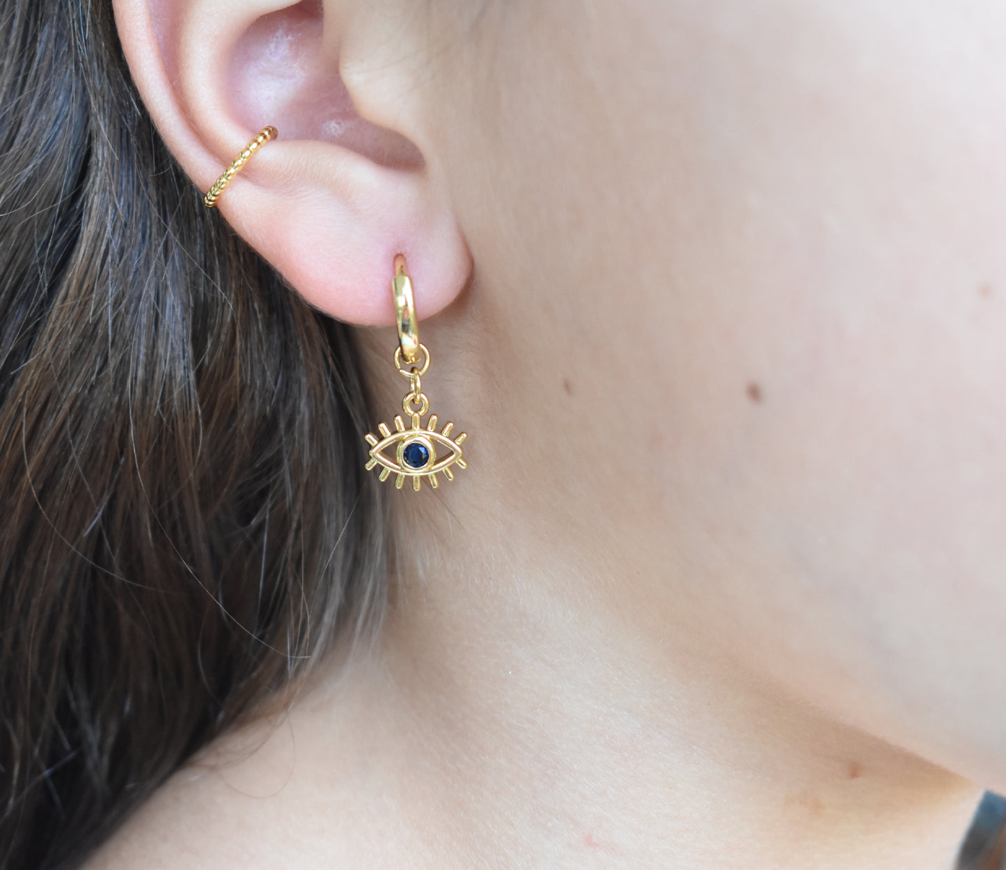 Gold Sapphire Eye Hoops-14k