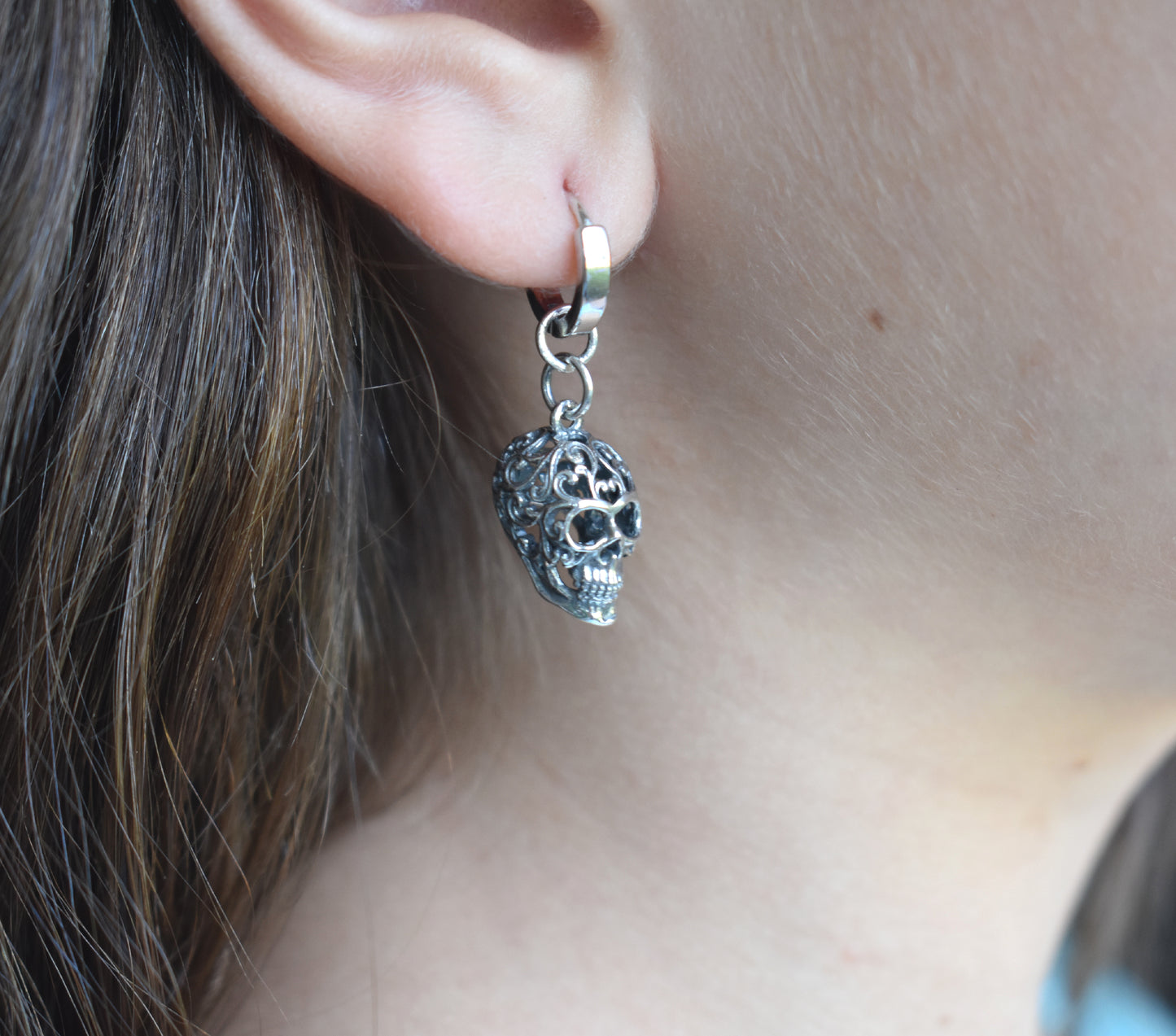 Sugar Skull Huggie Hoop Earrings-Sterling Silver
