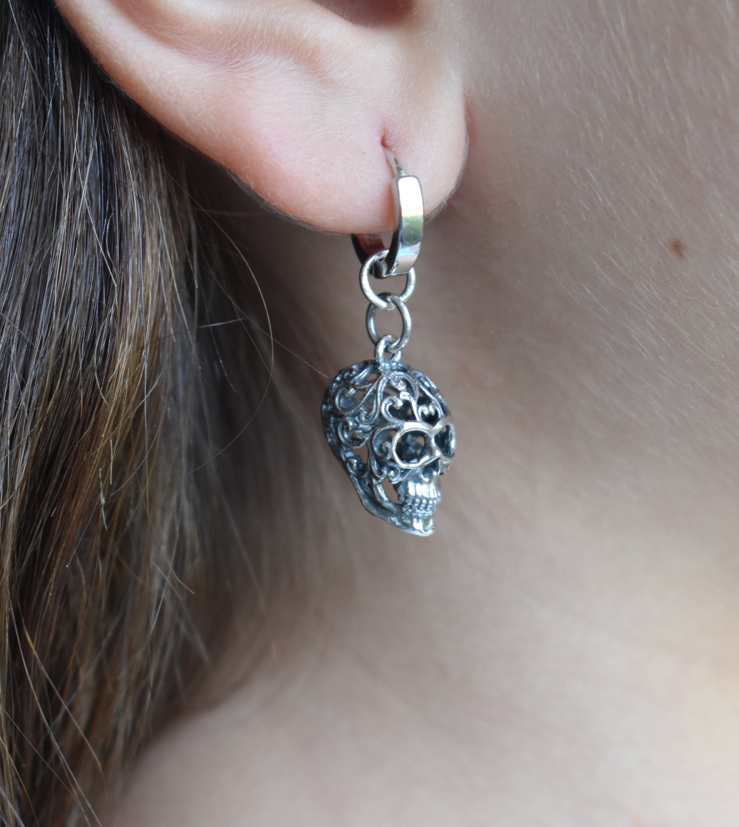 Sugar Skull Huggie Hoop Earrings-Sterling Silver