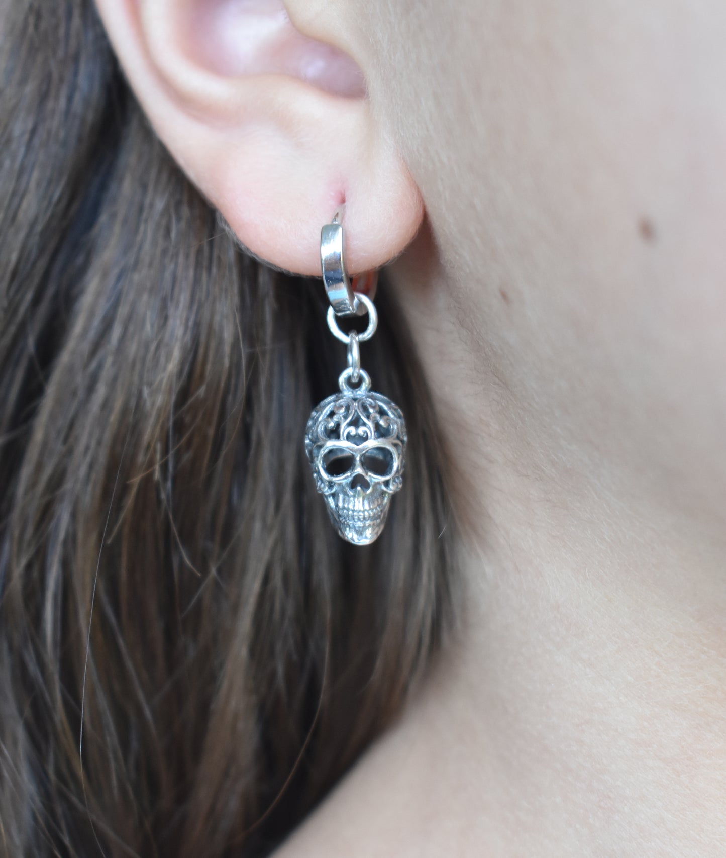 Sugar Skull Huggie Hoop Earrings-Sterling Silver