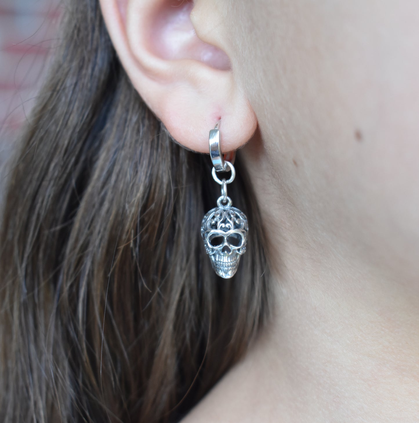 Sugar Skull Huggie Hoop Earrings-Sterling Silver