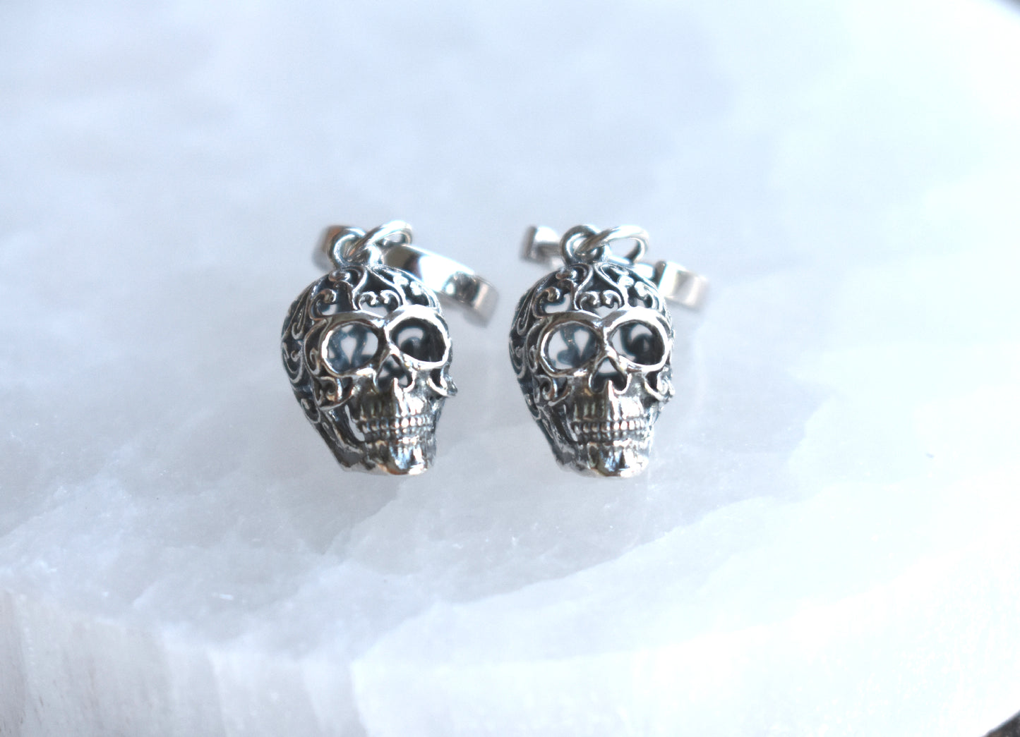 Sugar Skull Huggie Hoop Earrings-Sterling Silver