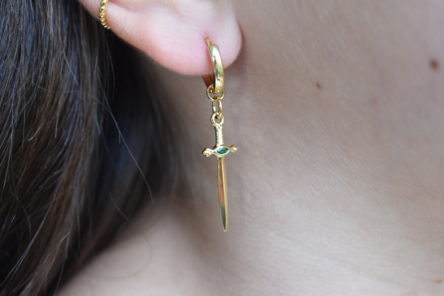 Gold Sword Dangle Hoop Earrings-14k
