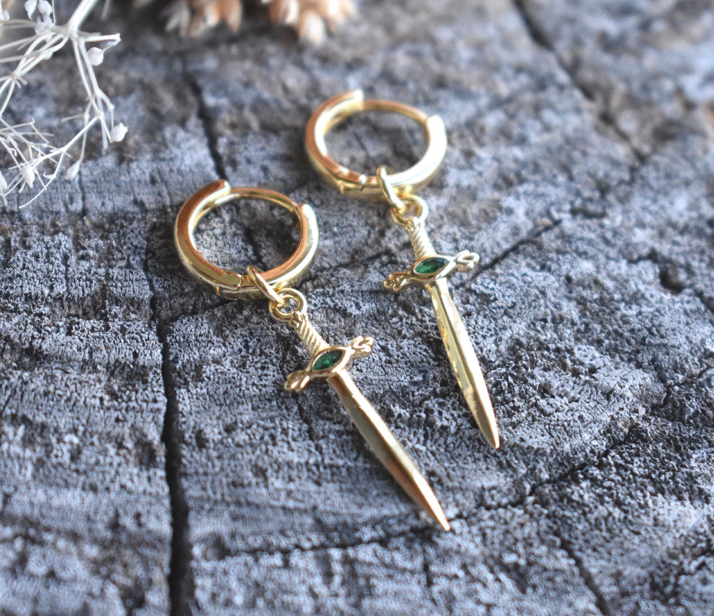Gold Sword Dangle Hoop Earrings-14k