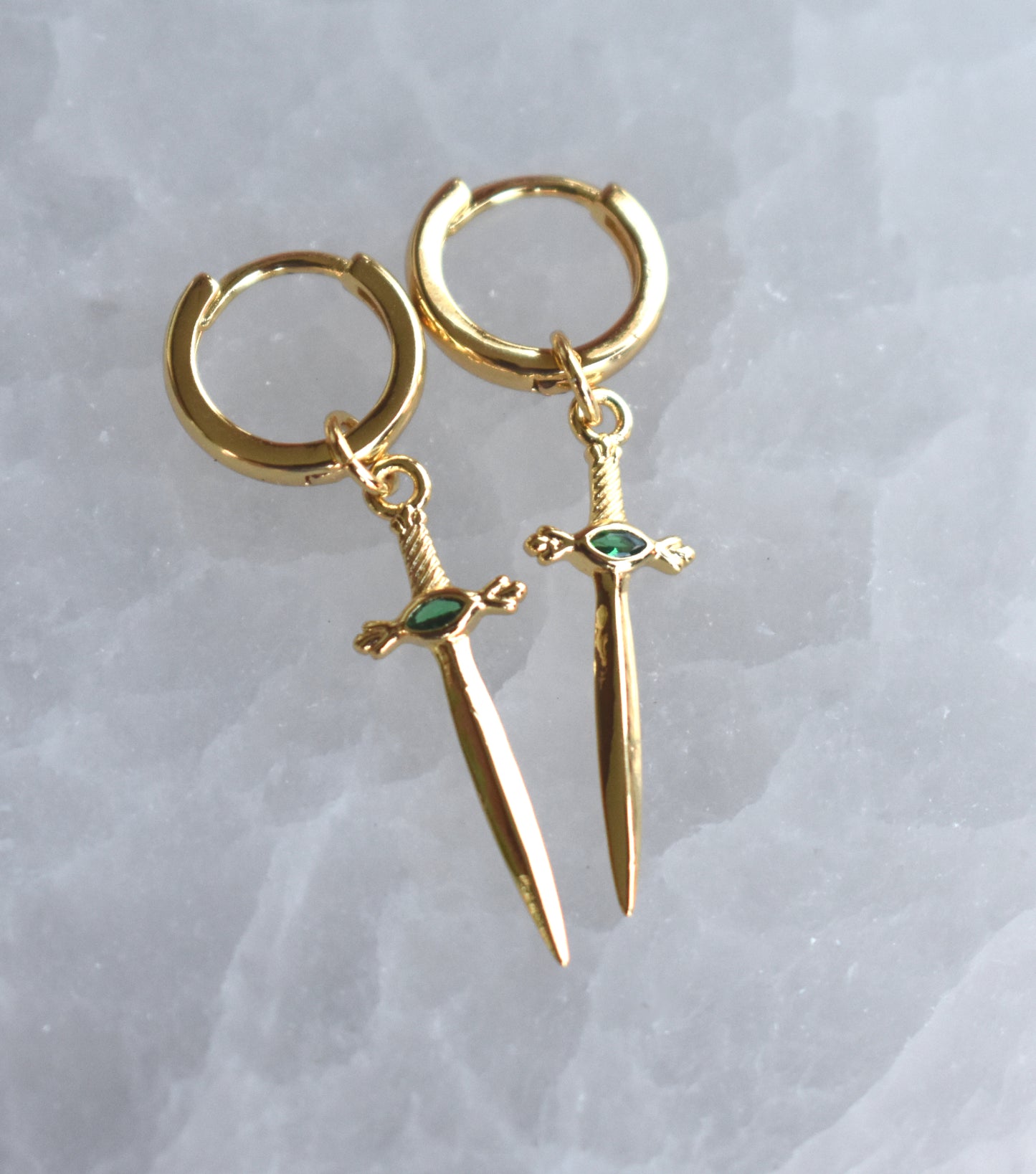 Gold Sword Dangle Hoop Earrings-14k