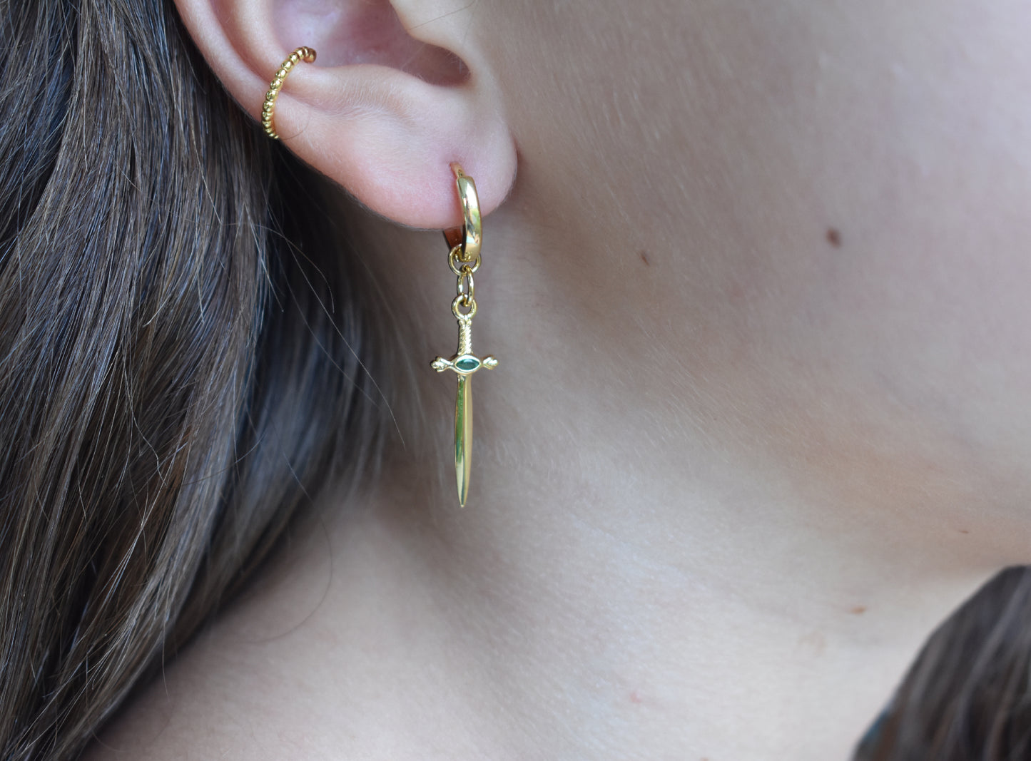 Gold Sword Dangle Hoop Earrings-14k