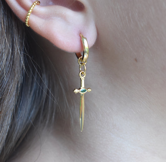 Gold Sword Dangle Hoop Earrings-14k
