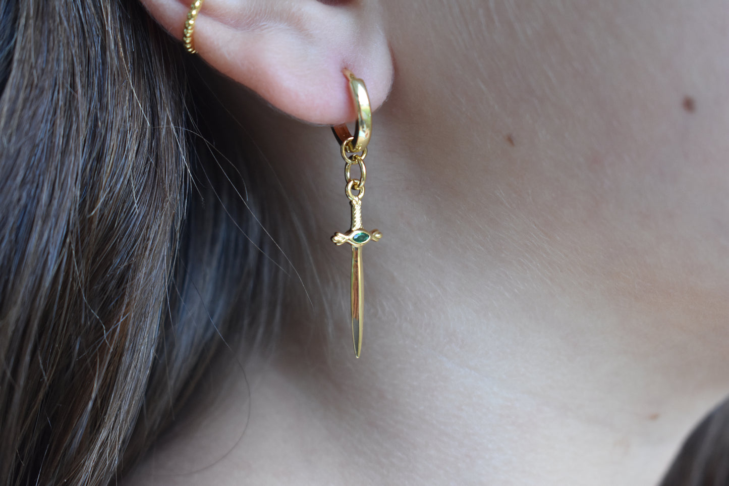 Gold Sword Dangle Hoop Earrings-14k