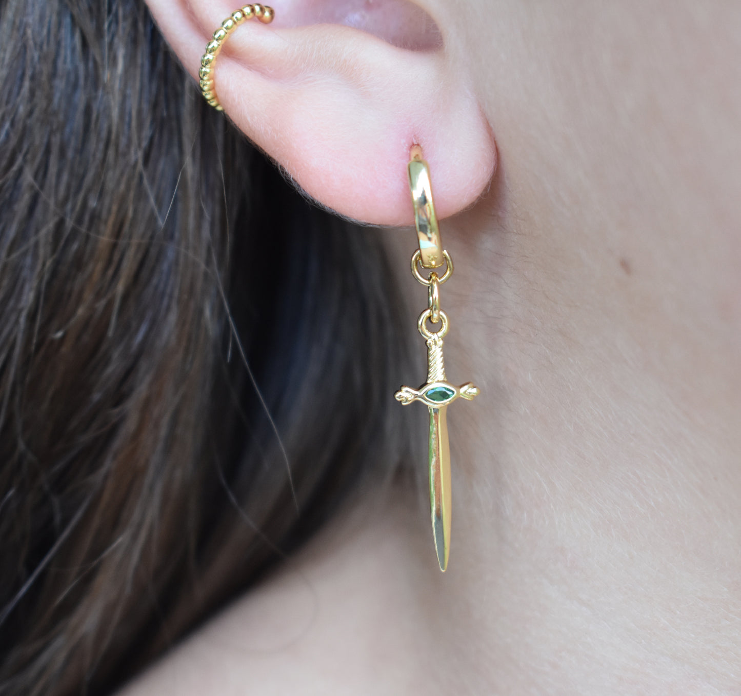 Gold Sword Dangle Hoop Earrings-14k