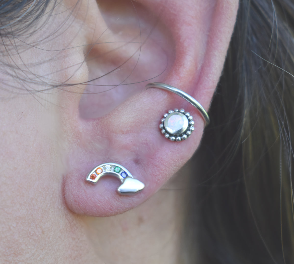 Tiny Rainbow Earrings- Sterling Cloud Studs, Rainbow Posts, Kawaii- Sterling Silver