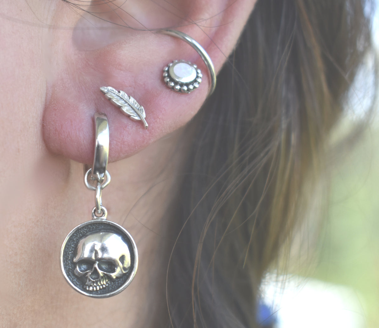 Skull Huggie Hoops- Huggie Earrings, Silver Hoop Earrings, Skull Earrings, Sterling Silver Hoops