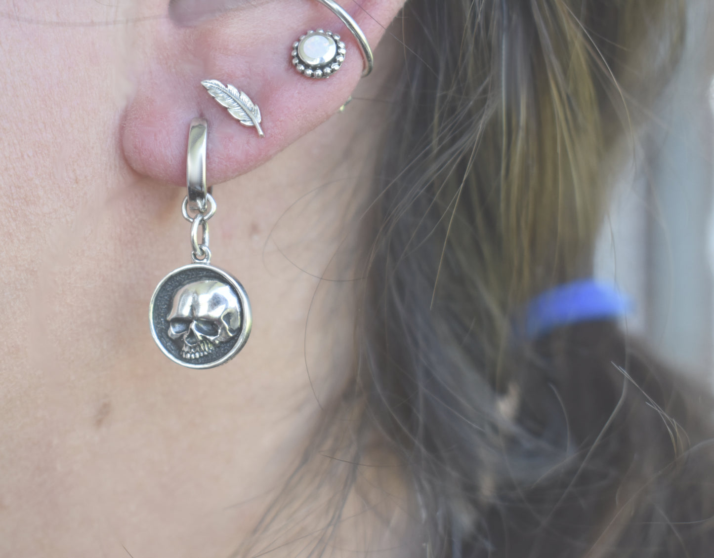 Skull Huggie Hoops- Huggie Earrings, Silver Hoop Earrings, Skull Earrings, Sterling Silver Hoops