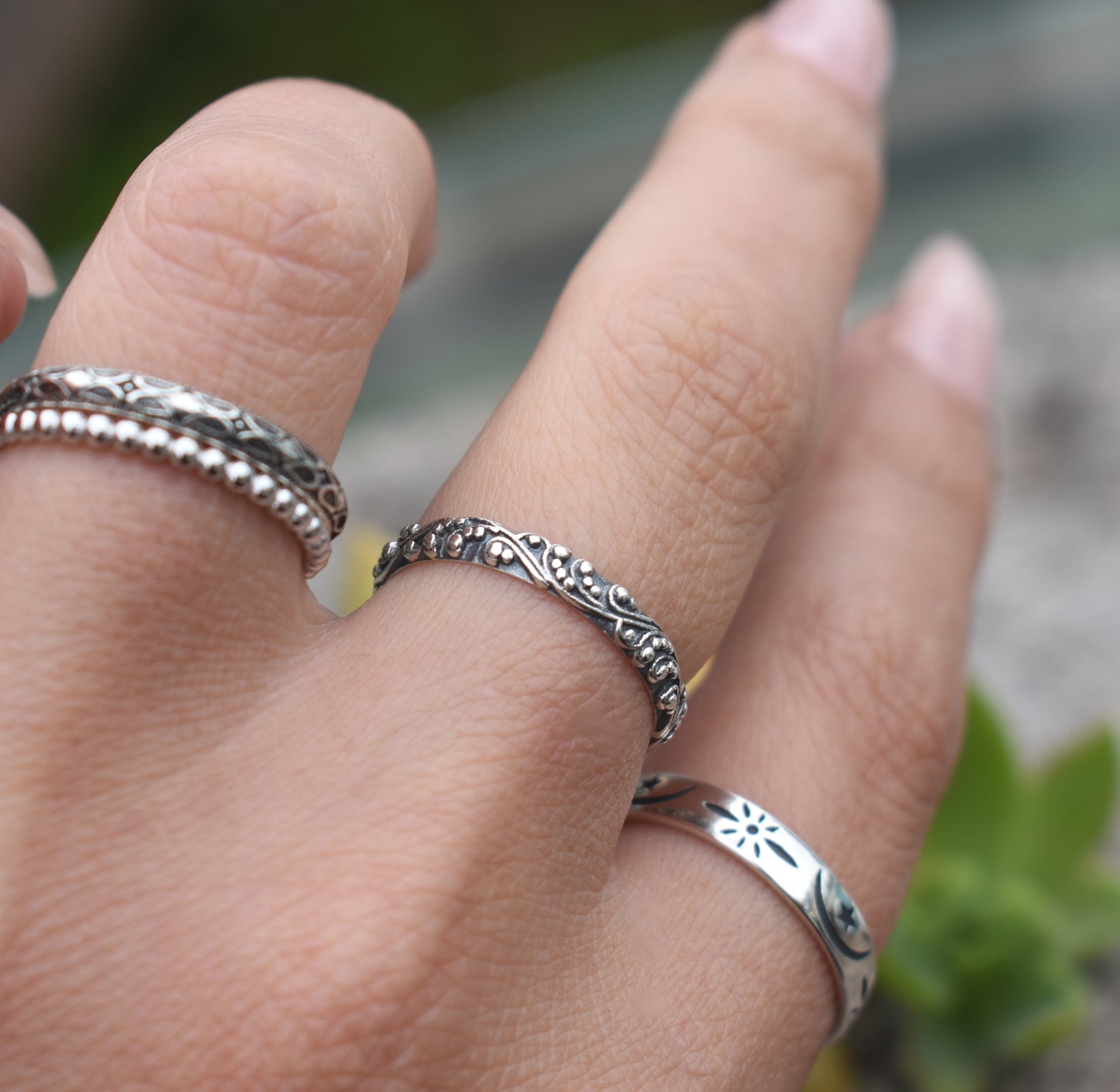 Art Nouveau Ring- Bali Bead Ring, Dot Ring, Stack Ring, Boho Ring- Silver Ring