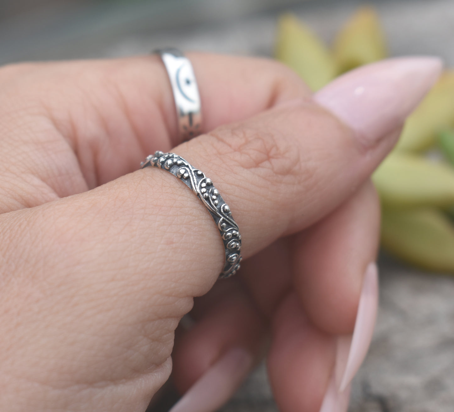 Art Nouveau Ring- Bali Bead Ring, Dot Ring, Stack Ring, Boho Ring- Silver Ring