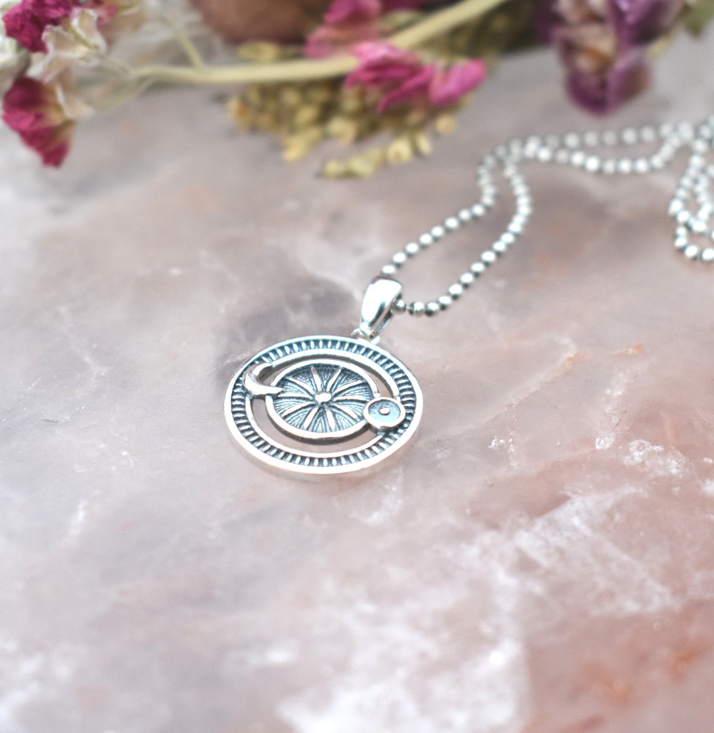 Astrology Wheel Necklace-Sun, Moon, Earth-Tarot Wheel of Fortune