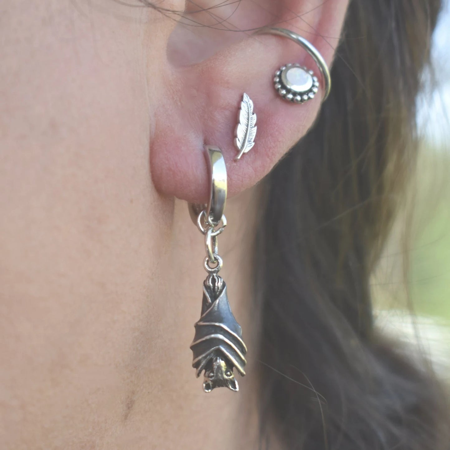 Bat Huggie Hoops- Huggie Earrings, Silver Hoop Earrings, Bat Earrings, Witchy Earrings