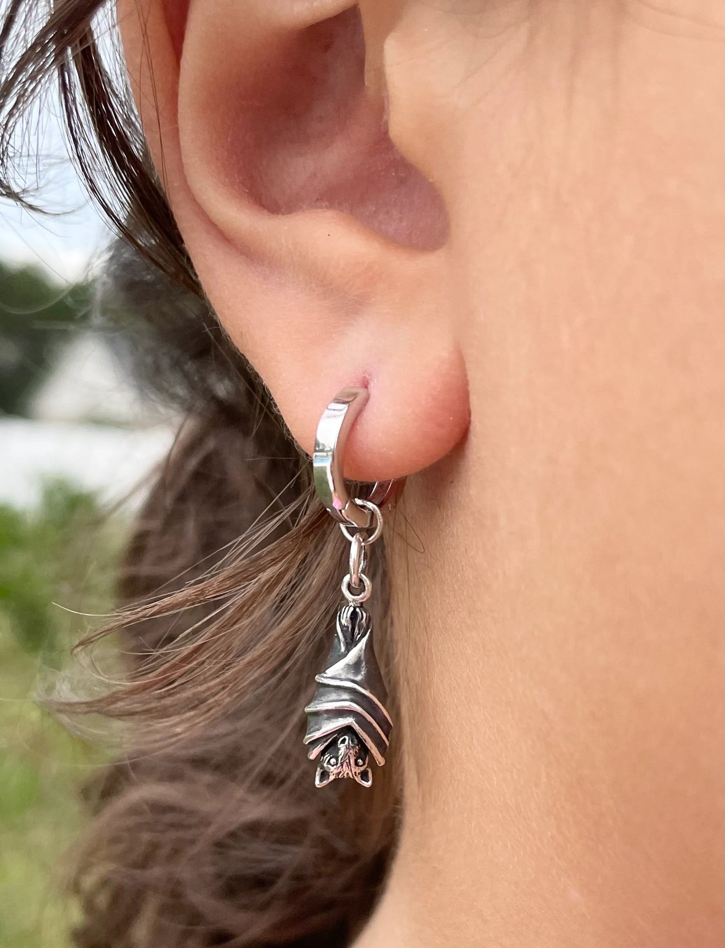 Bat Huggie Hoops- Huggie Earrings, Silver Hoop Earrings, Bat Earrings, Witchy Earrings