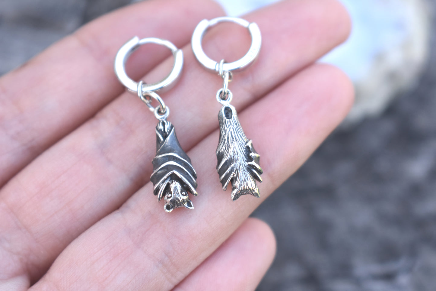 Bat Huggie Hoops- Huggie Earrings, Silver Hoop Earrings, Bat Earrings, Witchy Earrings