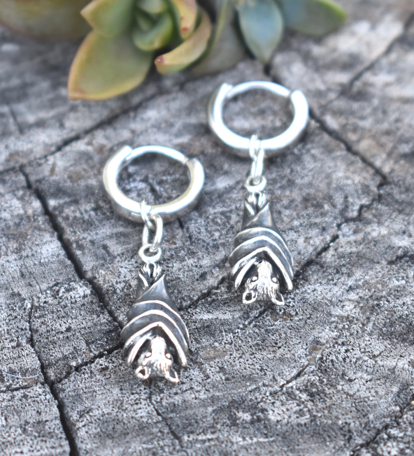 Bat Huggie Hoops- Huggie Earrings, Silver Hoop Earrings, Bat Earrings, Witchy Earrings