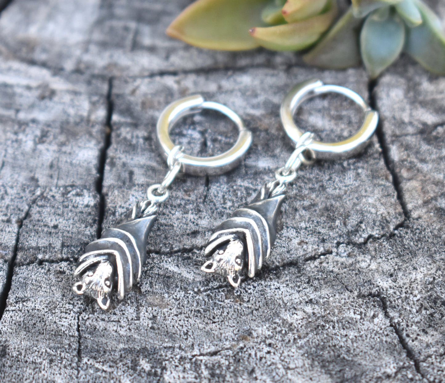 Bat Huggie Hoops- Huggie Earrings, Silver Hoop Earrings, Bat Earrings, Witchy Earrings