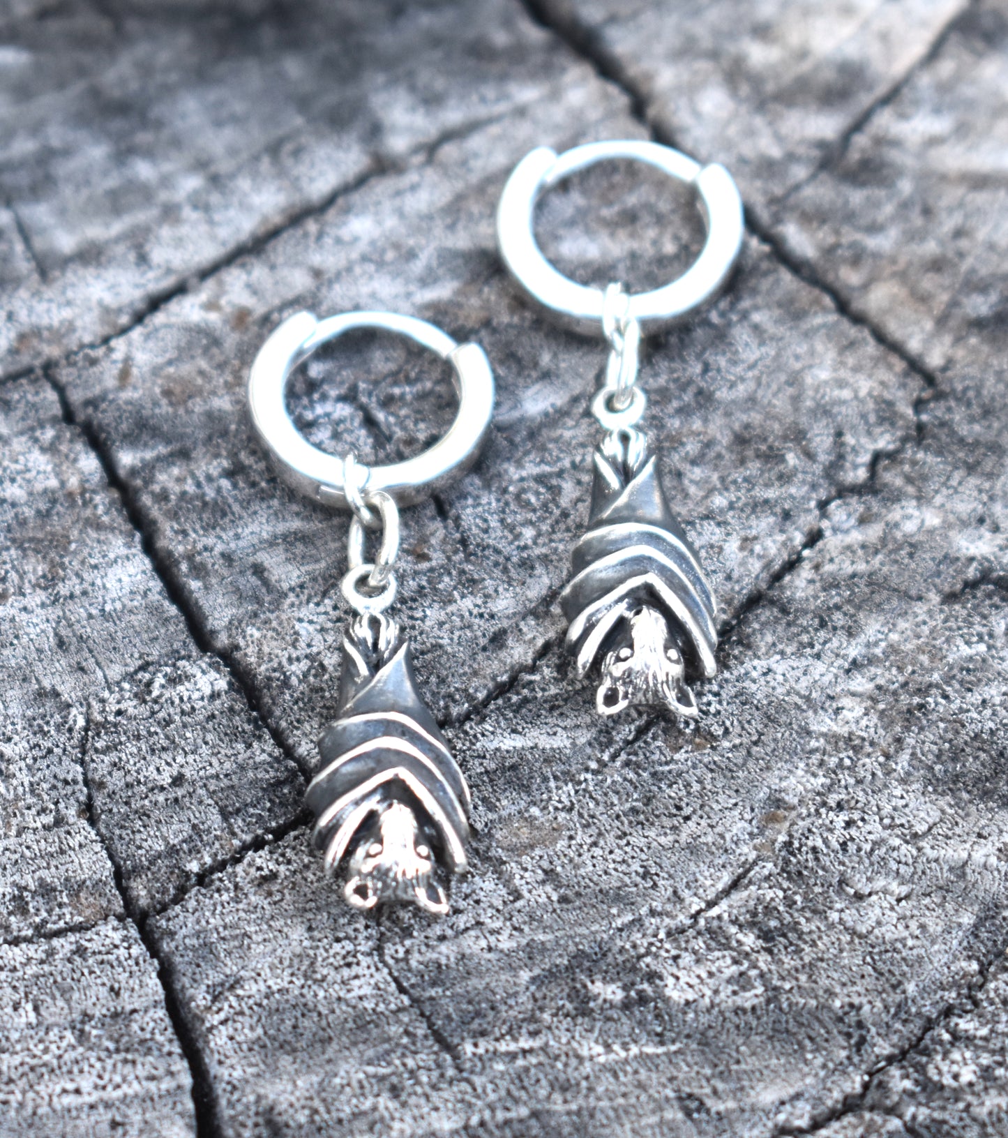 Bat Huggie Hoops- Huggie Earrings, Silver Hoop Earrings, Bat Earrings, Witchy Earrings