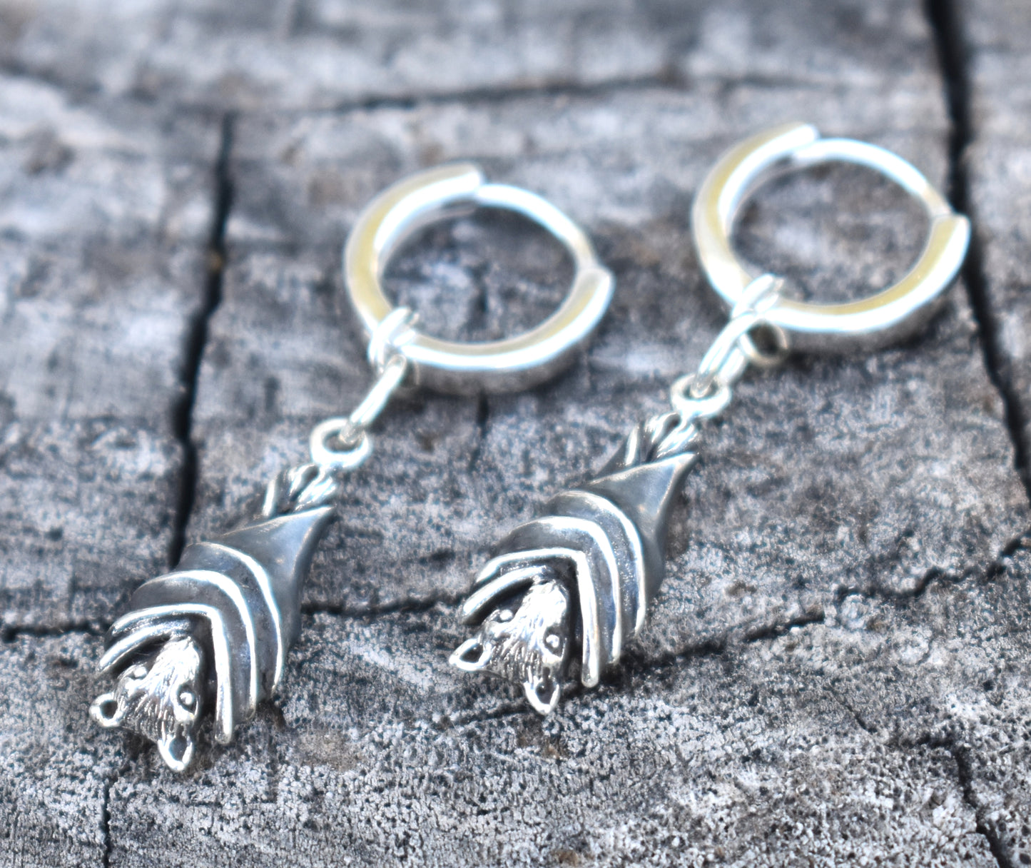 Bat Huggie Hoops- Huggie Earrings, Silver Hoop Earrings, Bat Earrings, Witchy Earrings