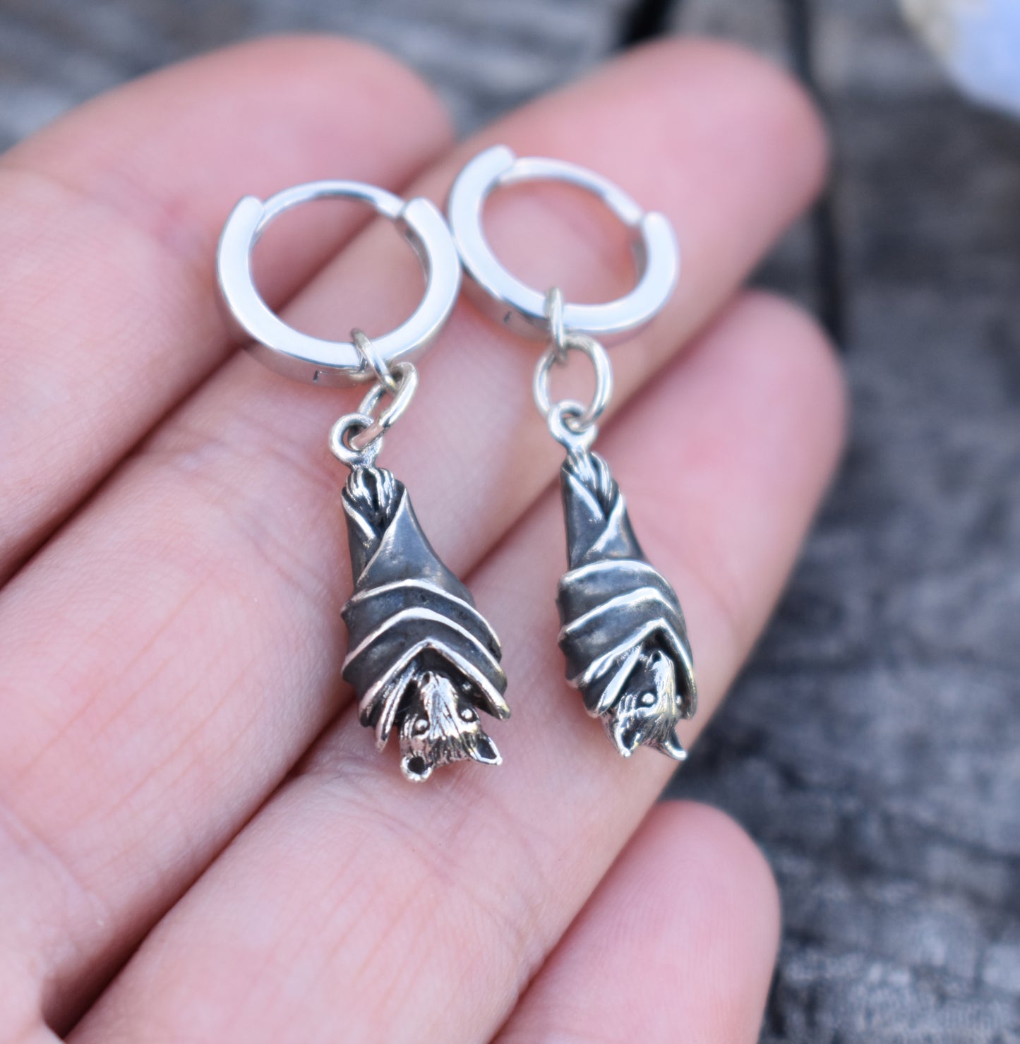 Bat Huggie Hoops- Huggie Earrings, Silver Hoop Earrings, Bat Earrings, Witchy Earrings