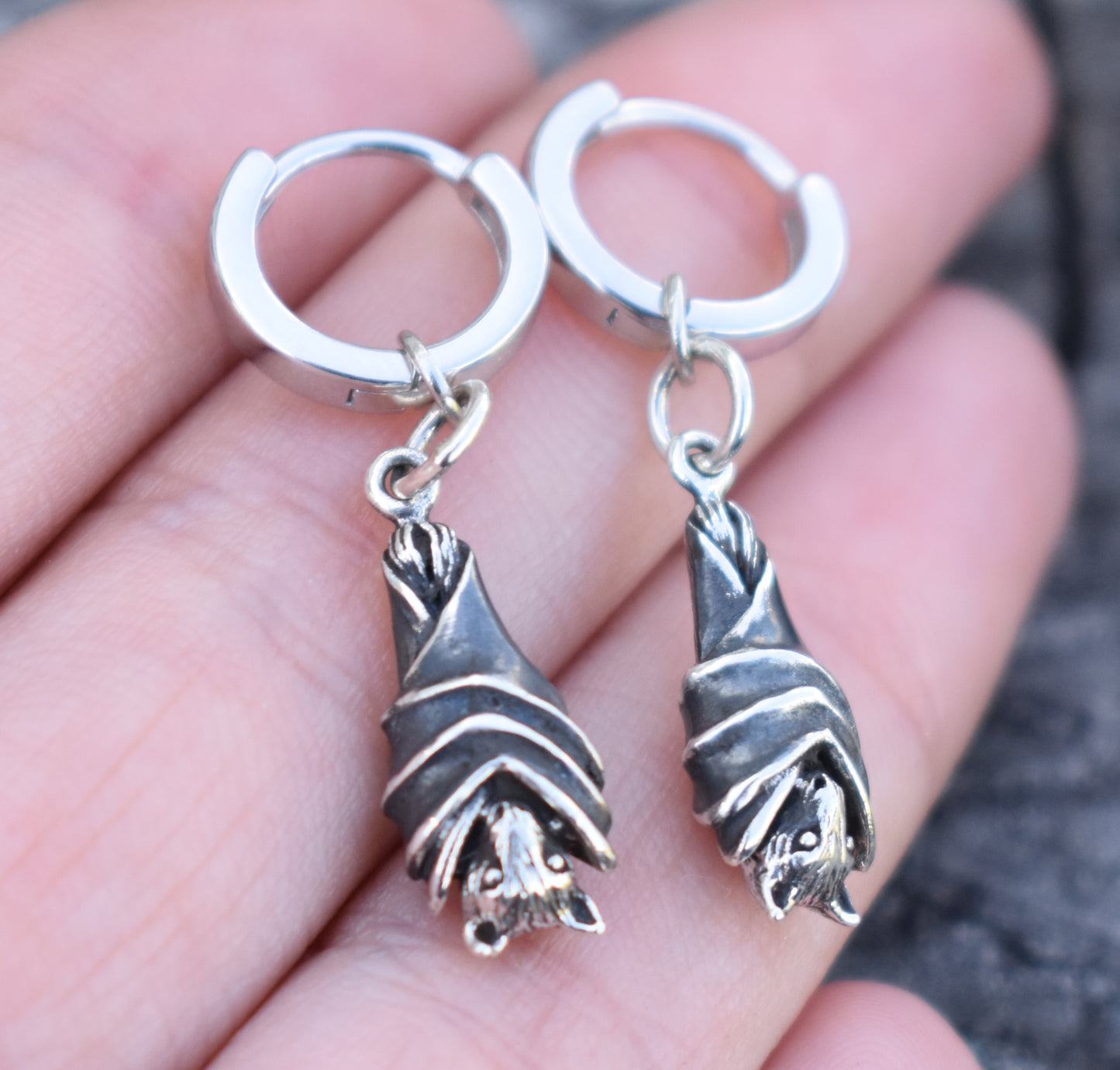 Bat Huggie Hoops- Huggie Earrings, Silver Hoop Earrings, Bat Earrings, Witchy Earrings