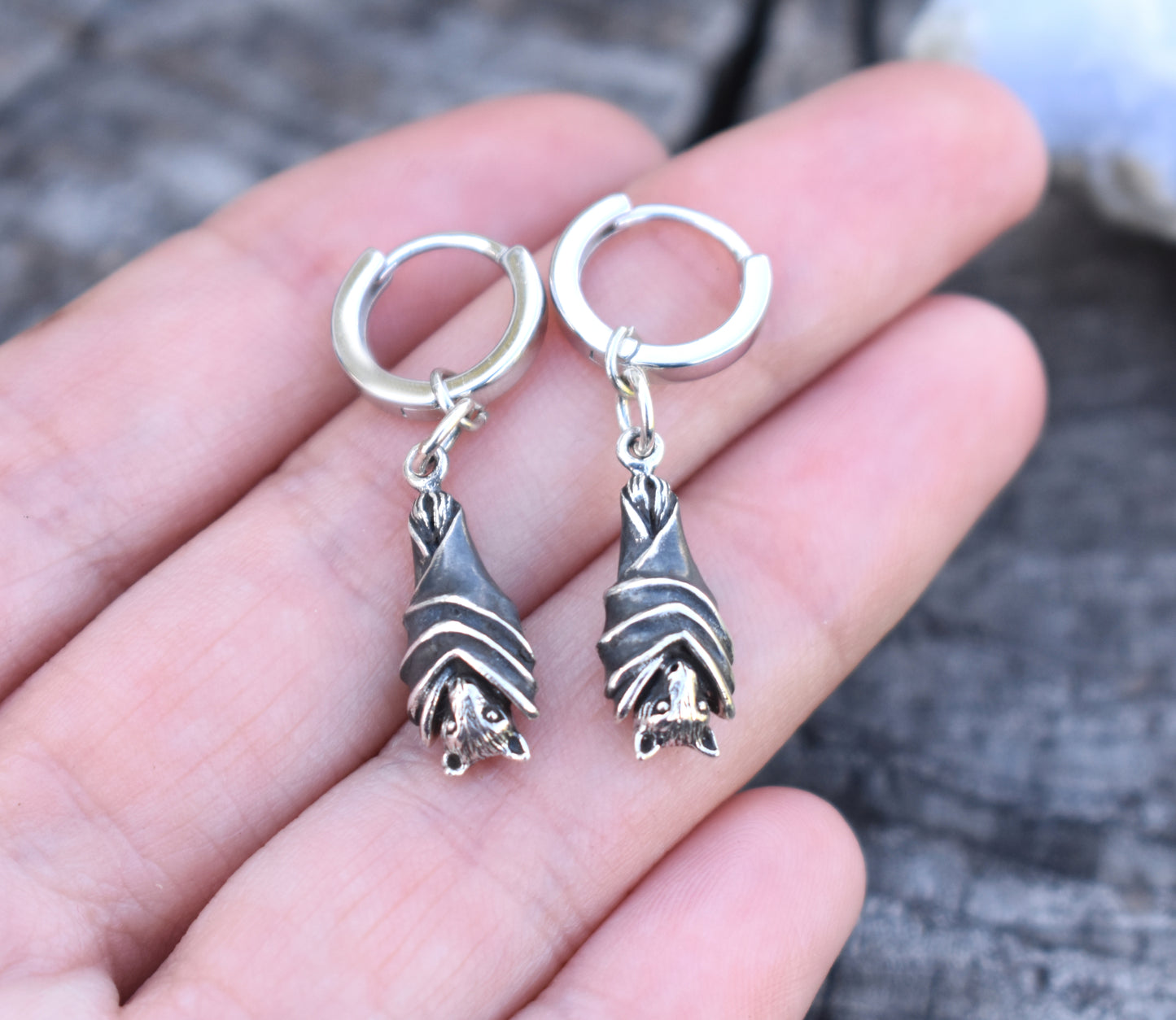 Bat Huggie Hoops- Huggie Earrings, Silver Hoop Earrings, Bat Earrings, Witchy Earrings
