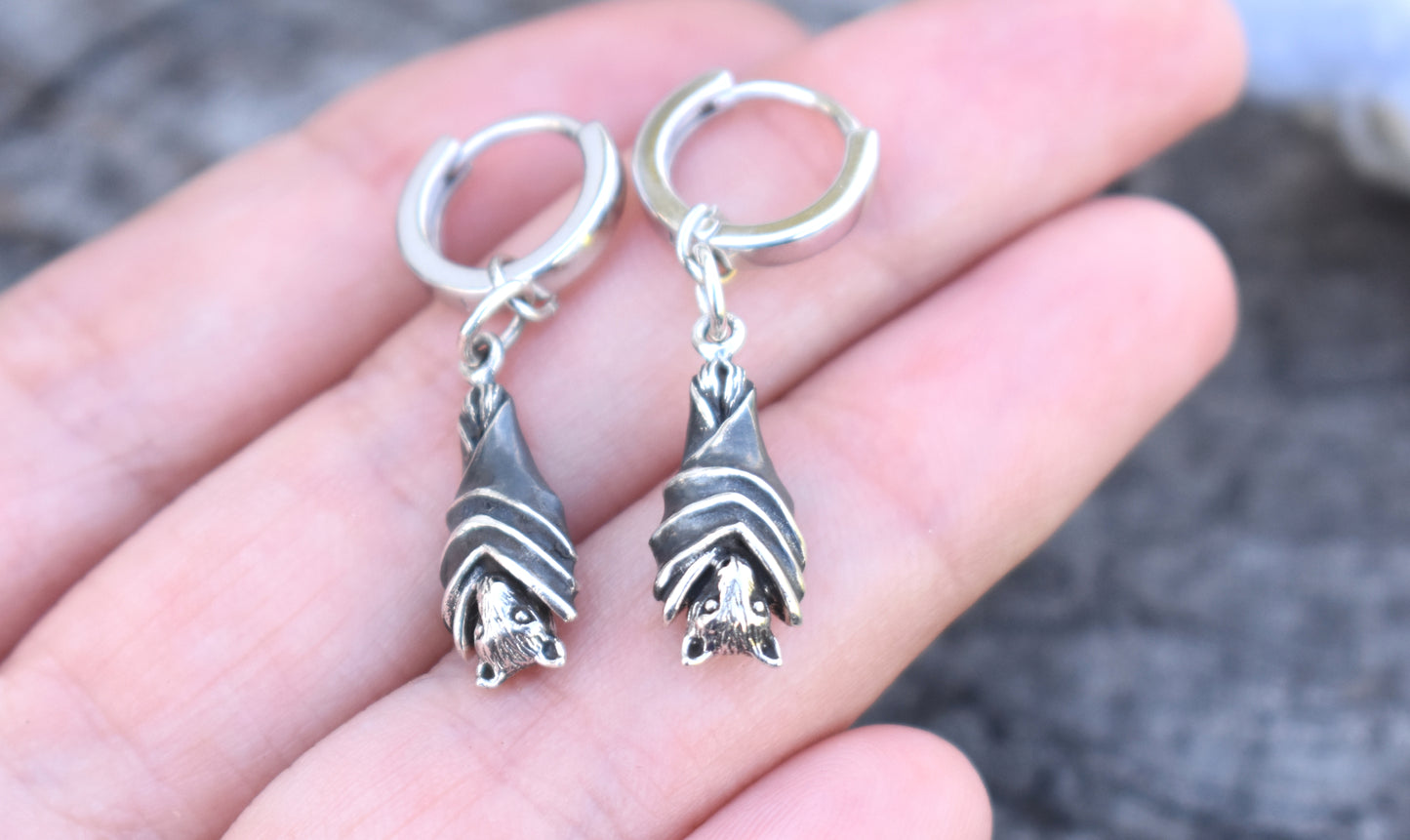 Bat Huggie Hoops- Huggie Earrings, Silver Hoop Earrings, Bat Earrings, Witchy Earrings