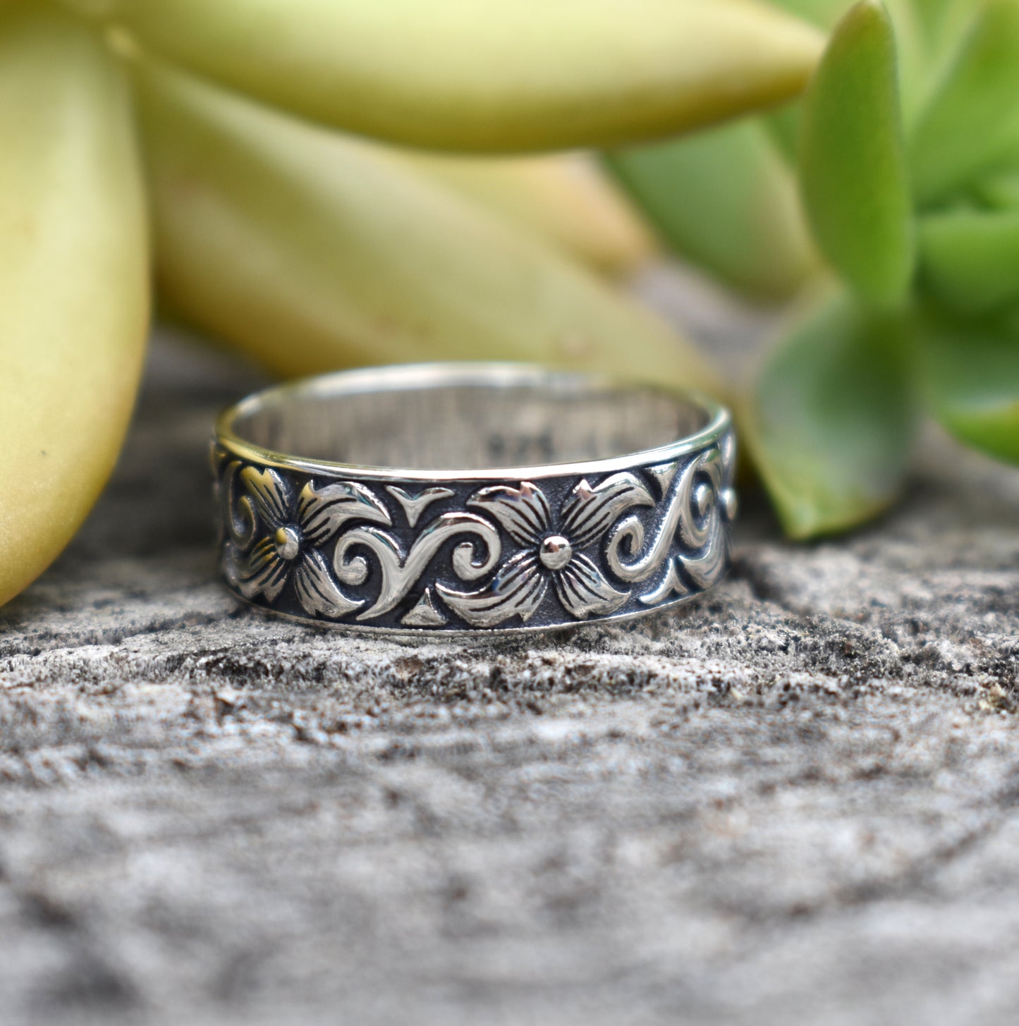 Art Nouveau Ring- Flower Ring, Boho Ring, Floral Ring, Silver Ring-Wide Ring Band