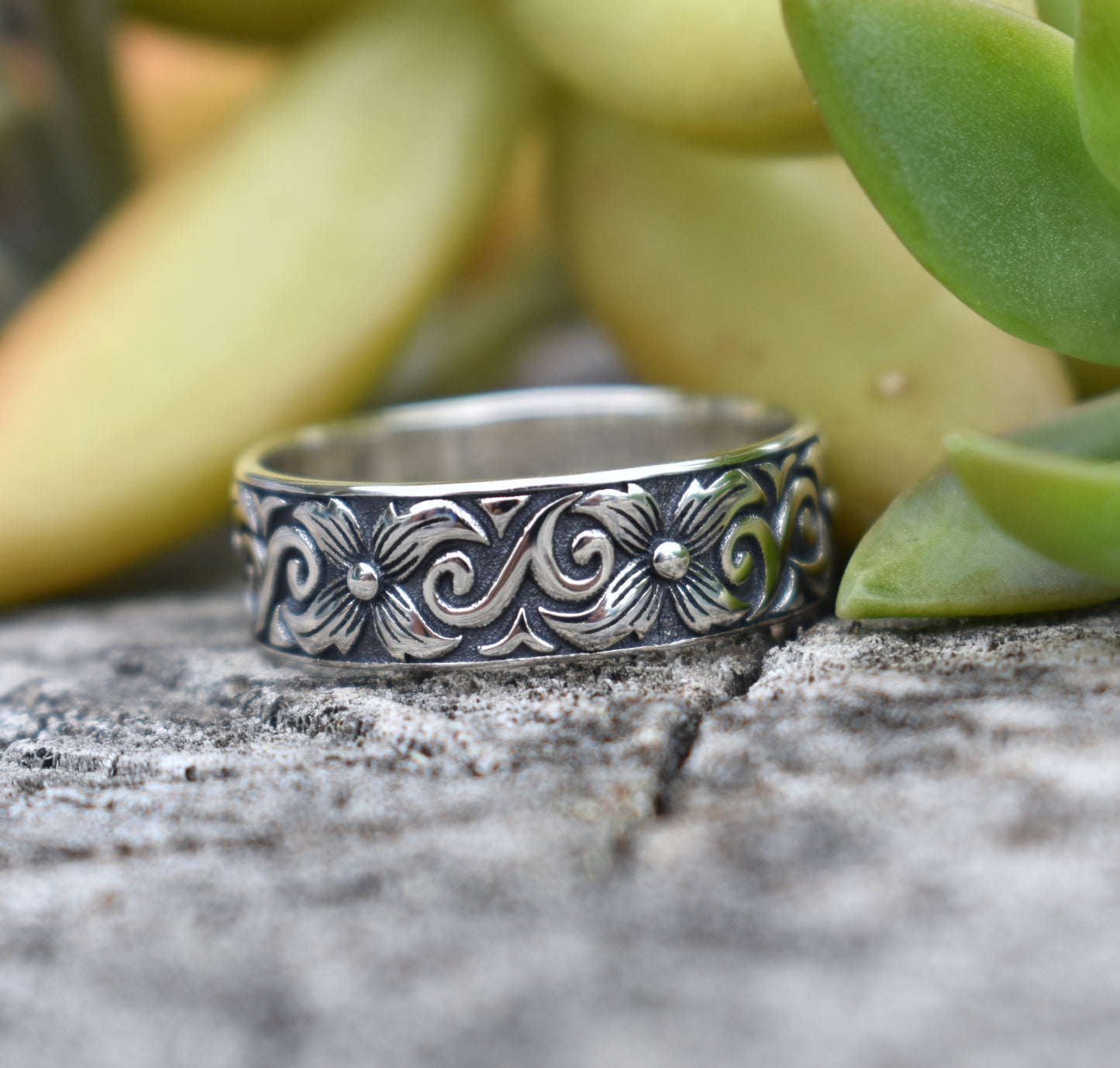 Art Nouveau Ring- Flower Ring, Boho Ring, Floral Ring, Silver Ring-Wide Ring Band