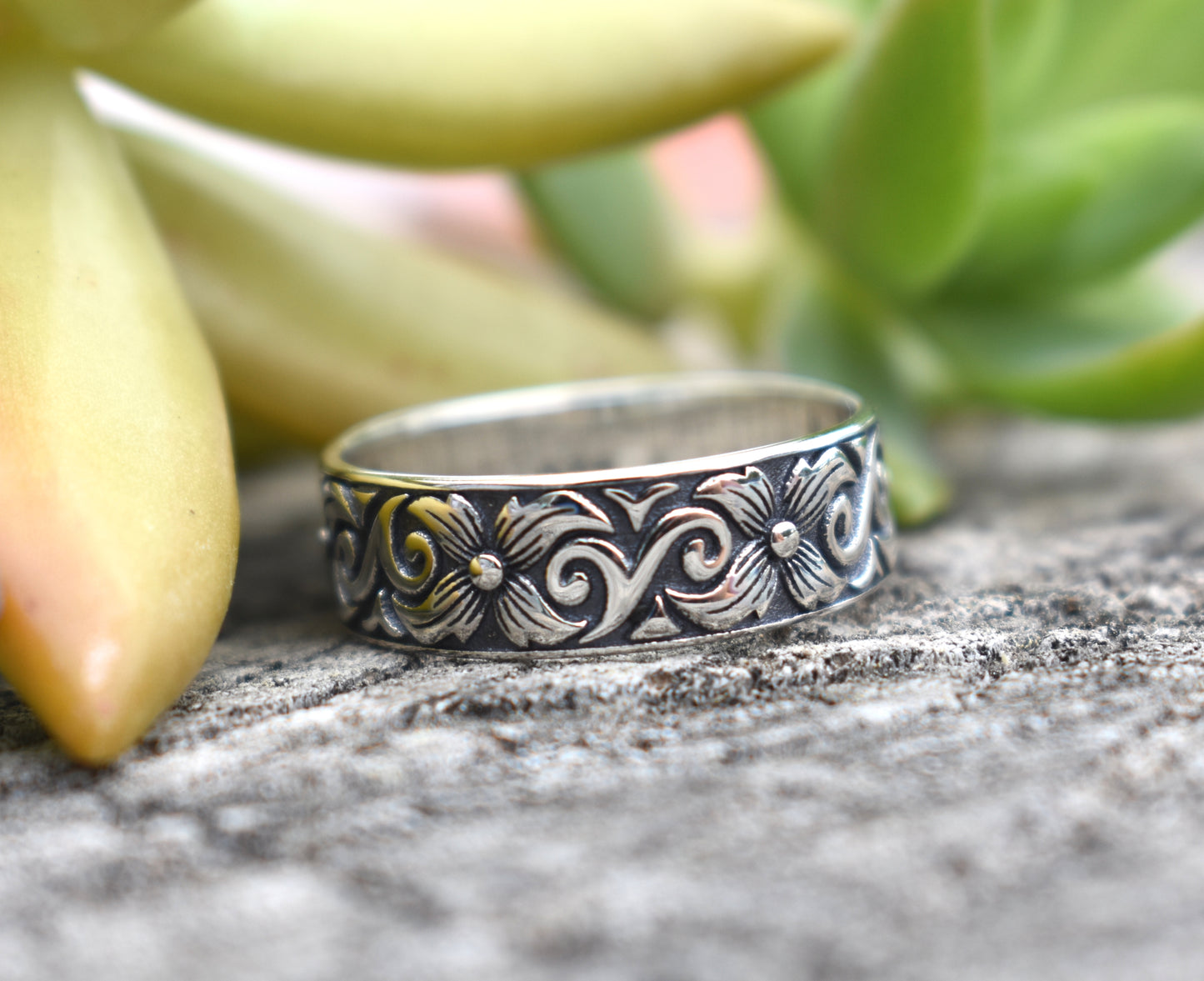 Art Nouveau Ring- Flower Ring, Boho Ring, Floral Ring, Silver Ring-Wide Ring Band
