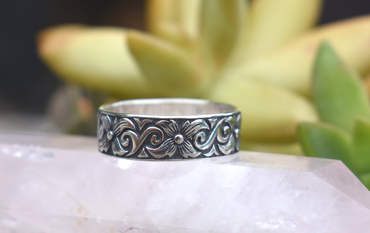 Art Nouveau Ring- Flower Ring, Boho Ring, Floral Ring, Silver Ring-Wide Ring Band