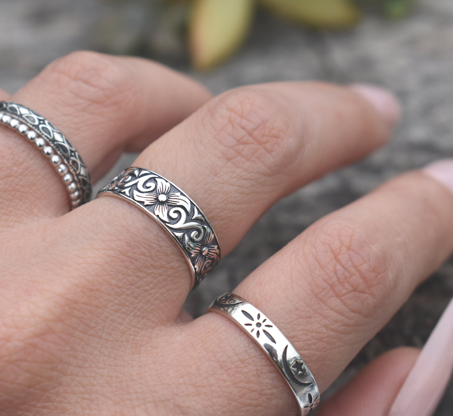 Art Nouveau Ring- Flower Ring, Boho Ring, Floral Ring, Silver Ring-Wide Ring Band