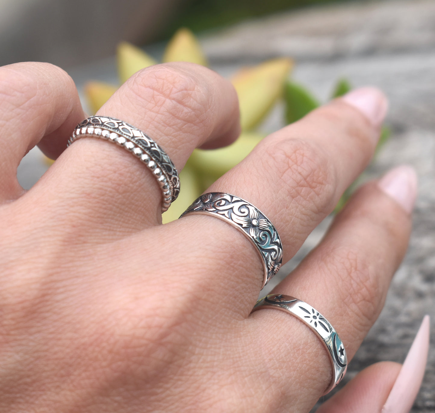 Art Nouveau Ring- Flower Ring, Boho Ring, Floral Ring, Silver Ring-Wide Ring Band