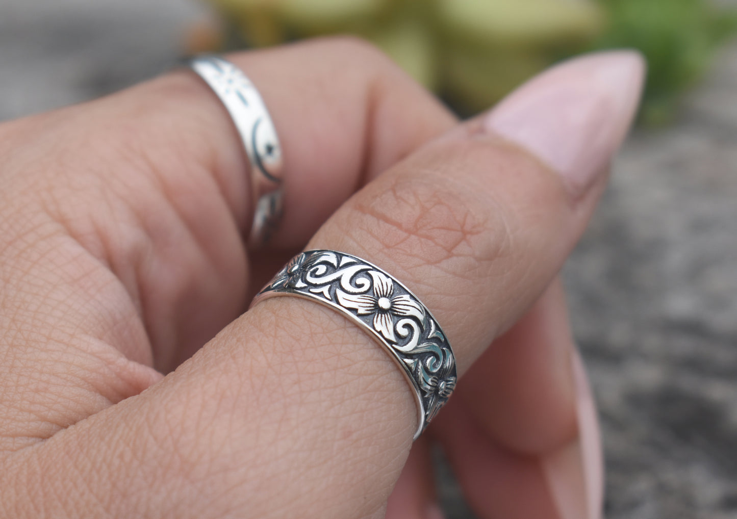 Art Nouveau Ring- Flower Ring, Boho Ring, Floral Ring, Silver Ring-Wide Ring Band