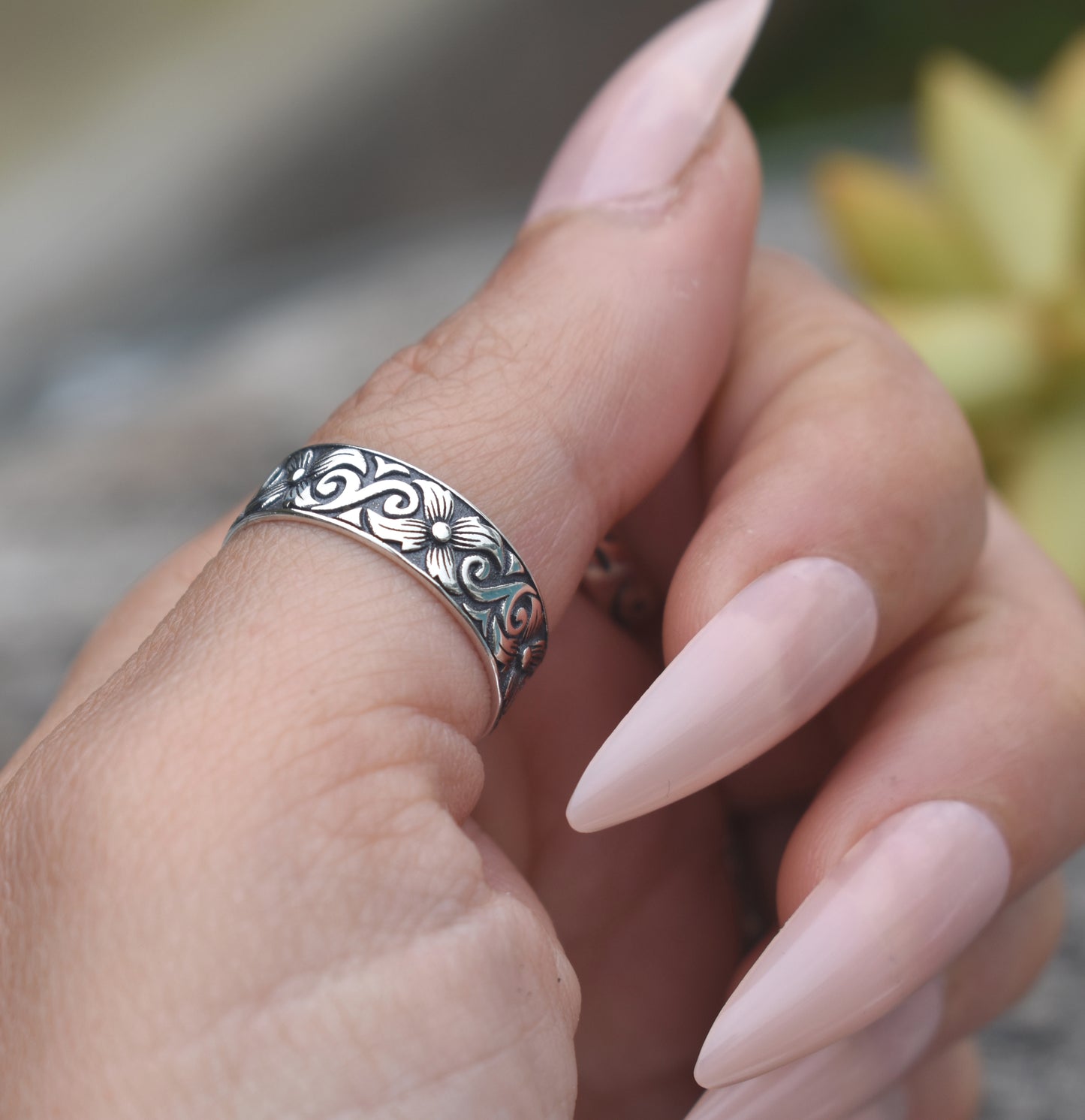 Art Nouveau Ring- Flower Ring, Boho Ring, Floral Ring, Silver Ring-Wide Ring Band