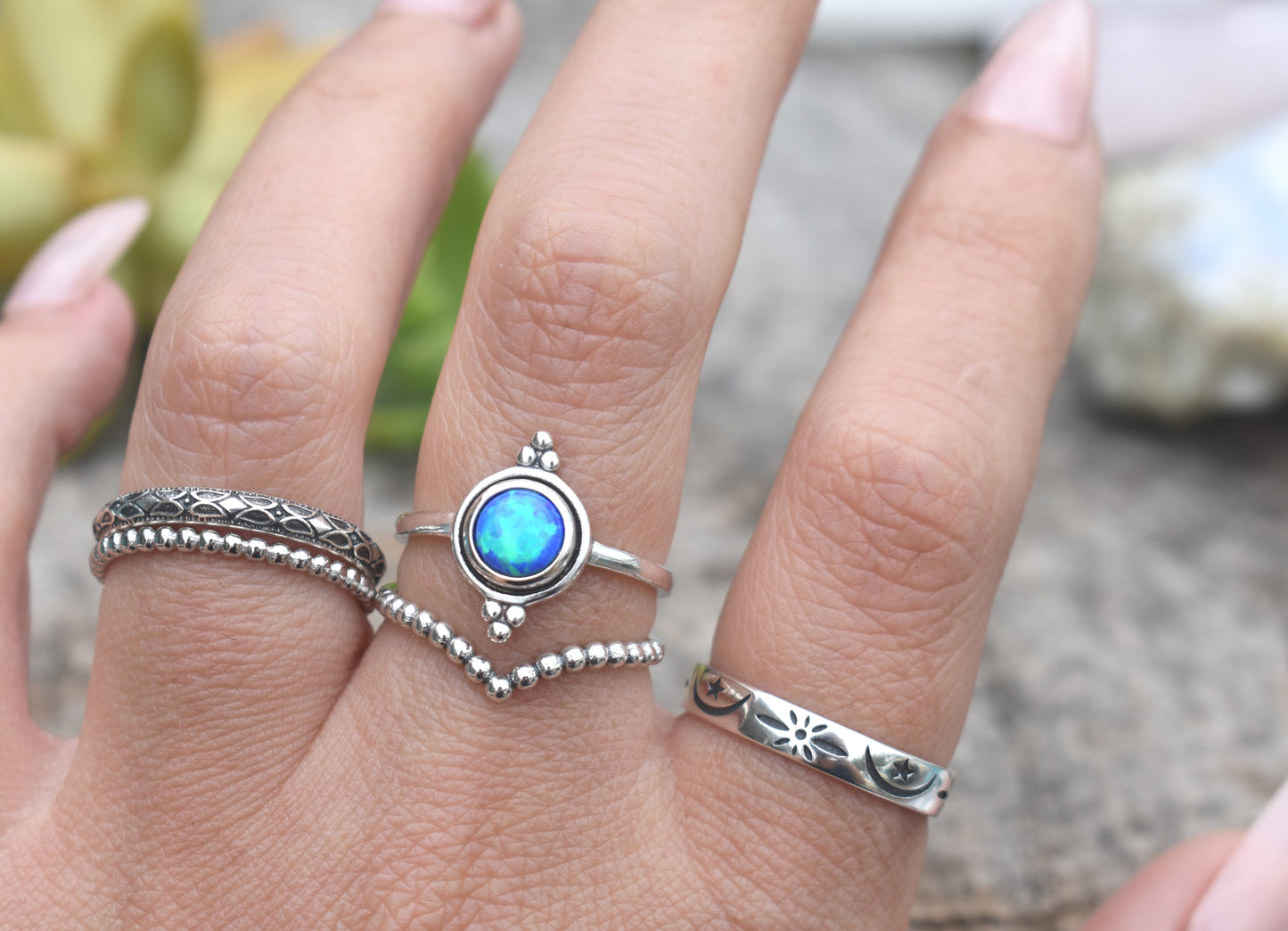 Blue Opal Engagement Ring- Opal Ring, October Birthstone- Sterling Silver
